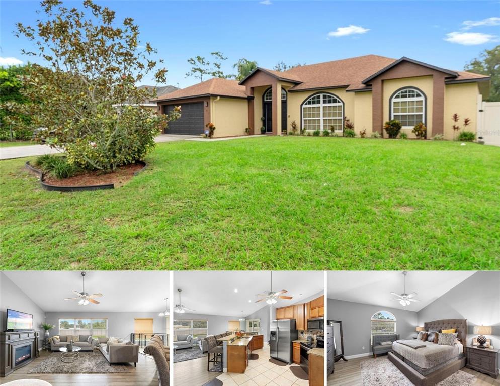 a view of a house with a yard and sitting area