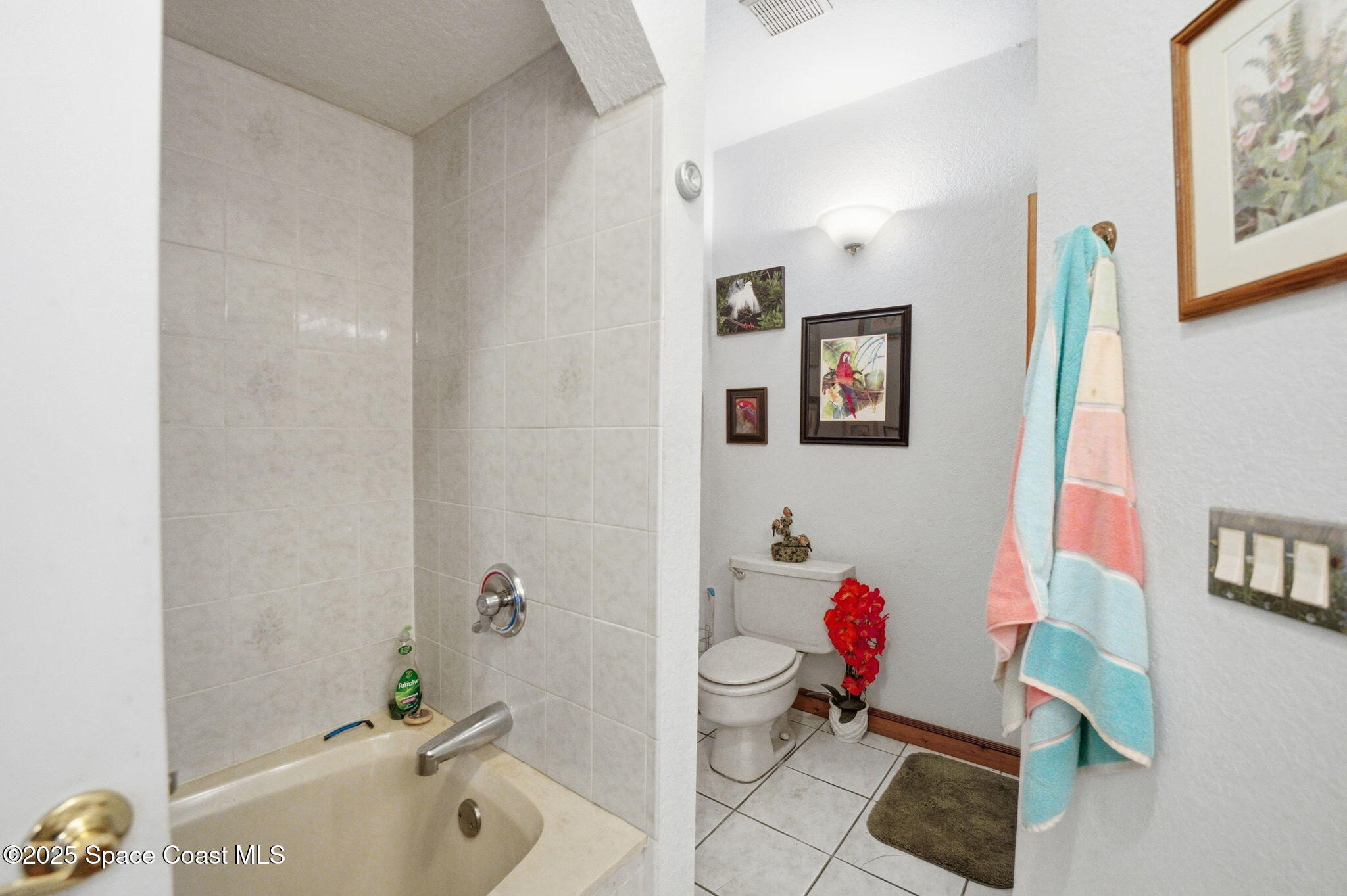 2821-2825 Lionel Road Mims, FL 32754 - Photo 21 of 42 a bathroom with a bath tub a toilet and a shower curtain