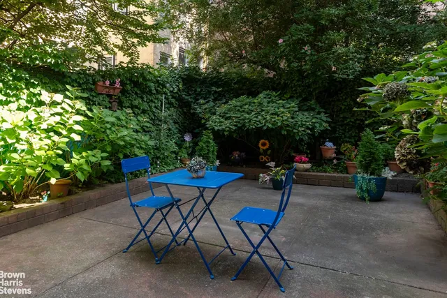 a view of backyard with table and chairs and potted plants