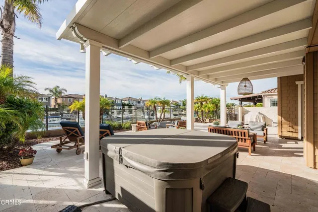 a view of a patio with swimming pool