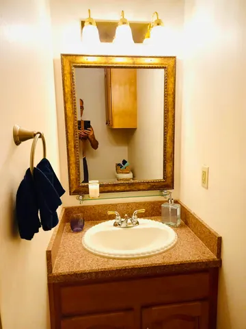 a bathroom with a sink and a mirror
