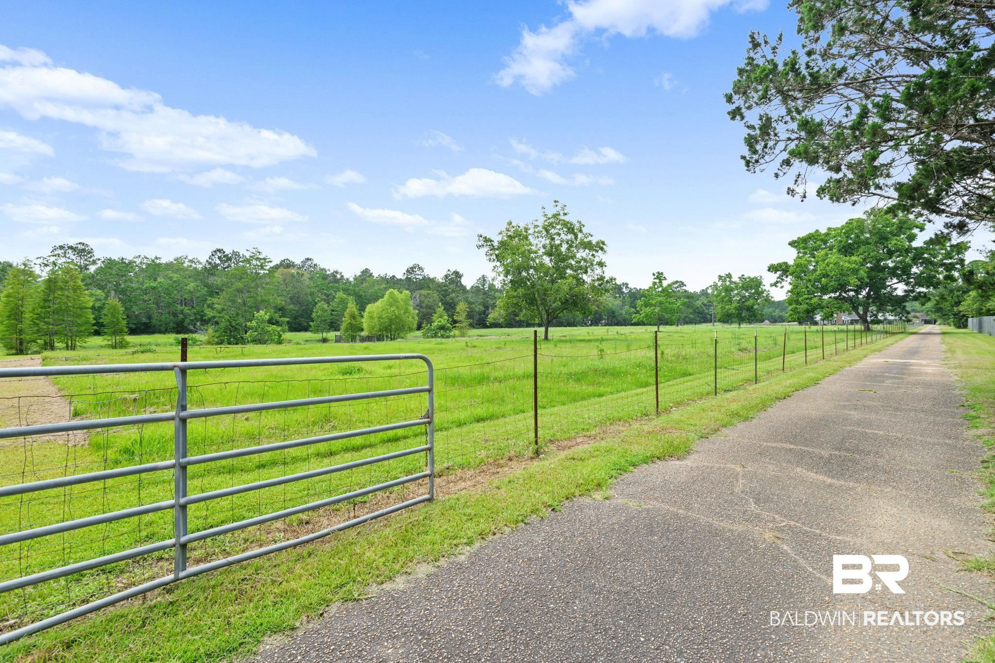 7540 2 Mile Road Irvington, AL 36544 - Photo 74 of 82 Extensive land parcel featuring a metal farm gate, perimeter fencing, a paved driveway, and mature trees bordering a grassy field