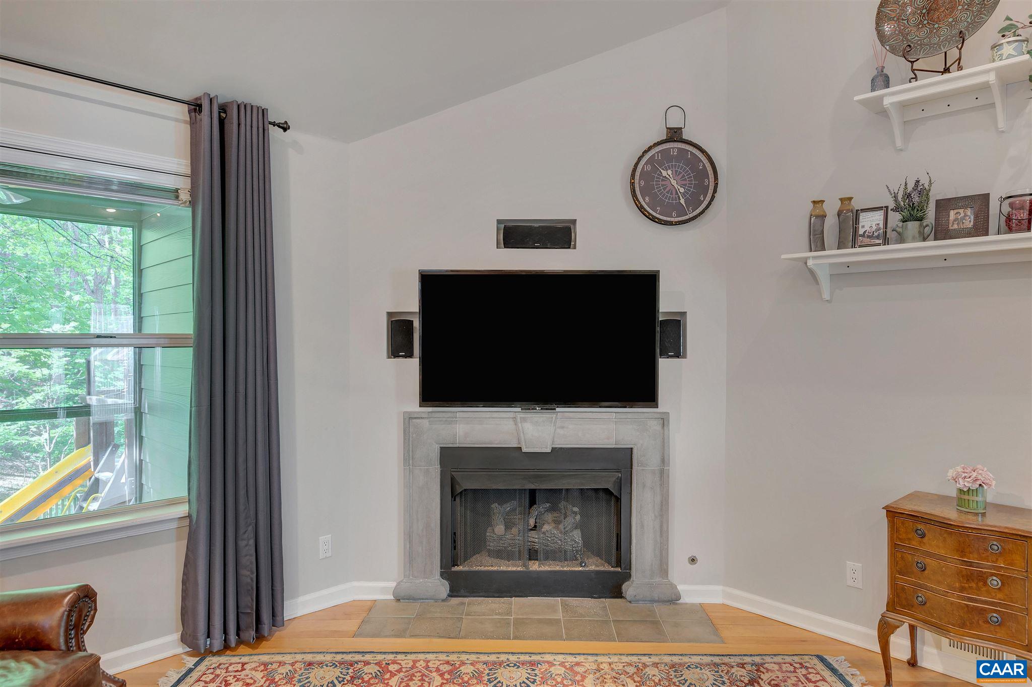 292 Blackthorn Lane Charlottesville, VA 22902 - Photo 12 of 64 a living room with a fireplace a flat screen tv and a window