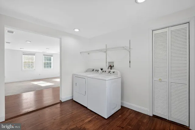 a view of utility room with wooden floor