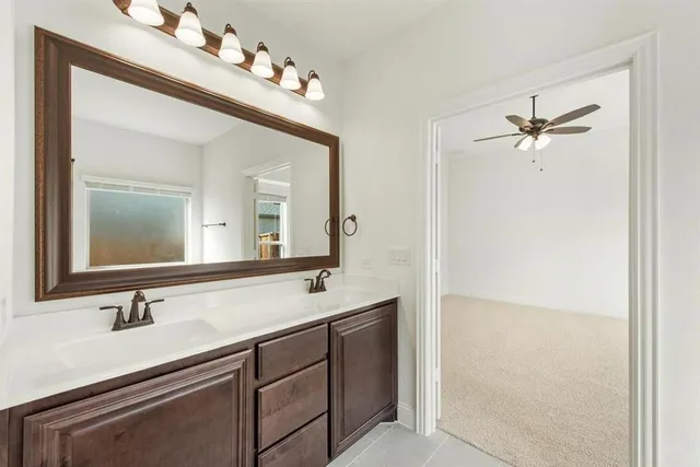 a bathroom with a sink vanity and a mirror