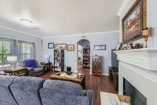 a living room with furniture and a fireplace