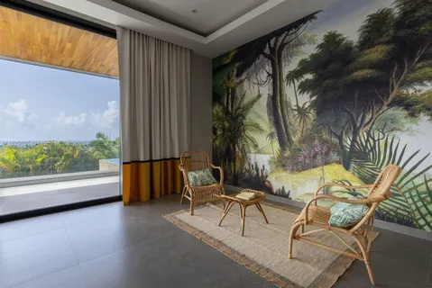 a swimming pool with outdoor seating and plants