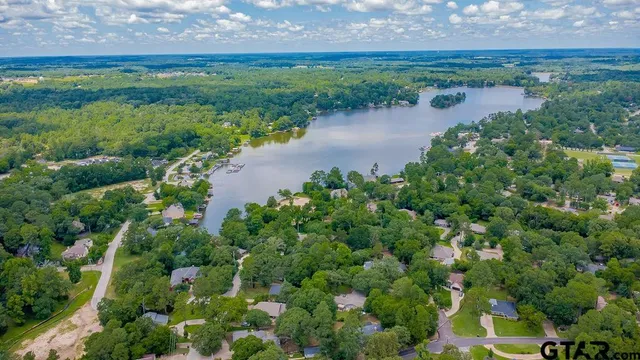 an aerial view of lake with residential houses with outdoor space and trees