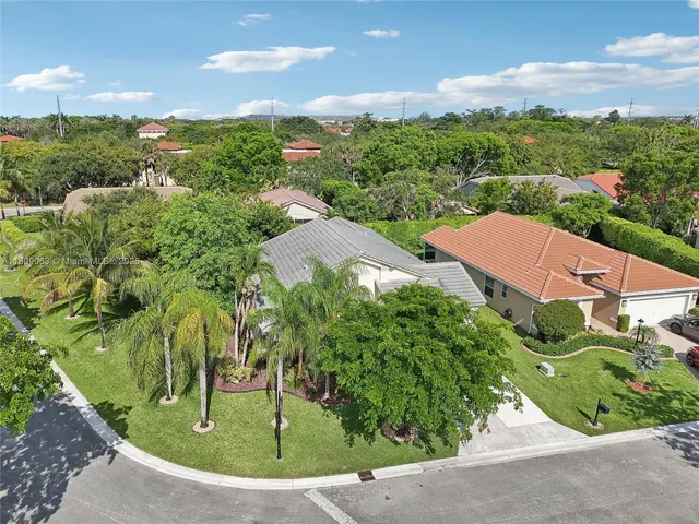 a view of a garden with a house