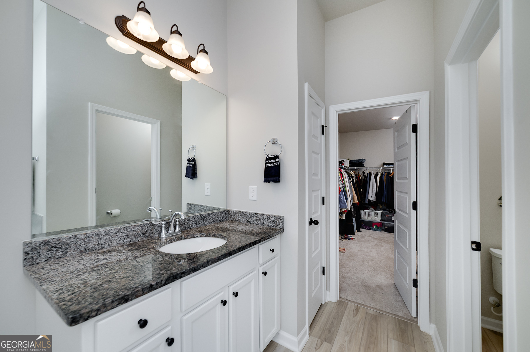 1517 Stinson Lane, Unit PHASE Locust Grove, GA 30248 - Photo 29 of 46 a en suite bathroom with a granite countertop sink and a mirror