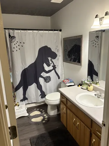 a bathroom with a sink toilet and mirror