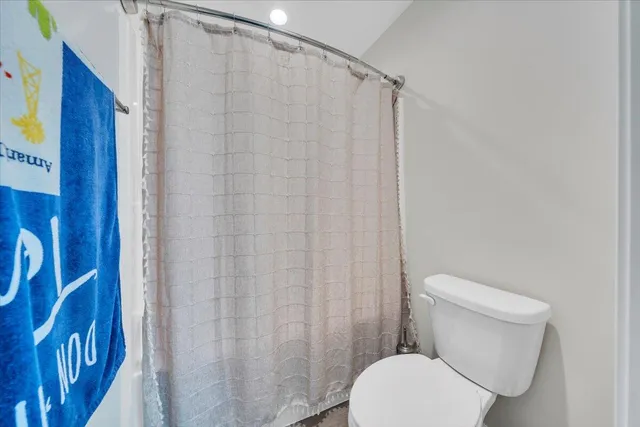a white toilet sitting next to a shower curtain