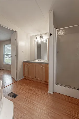 a bathroom with a sink a mirror and a shower