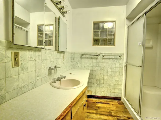 a bathroom with a sink and a shower