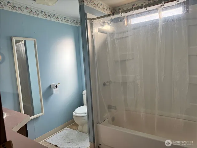 a bathroom with a shower and a toilet