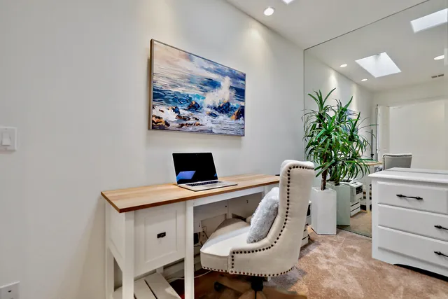 a workspace with furniture and a potted plant