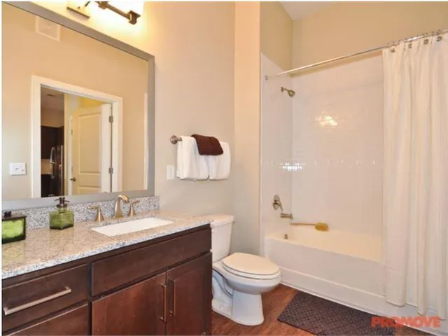a bathroom with a granite countertop sink a toilet and shower
