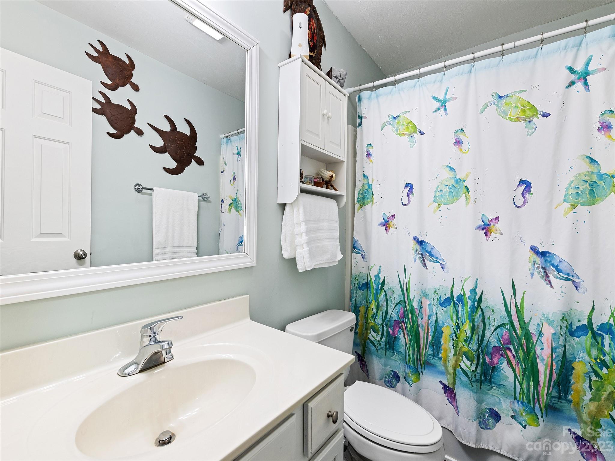 17 Secluded Trail Candler, NC 28715 - Photo 23 of 34 a bathroom with a sink a toilet and a shower curtain