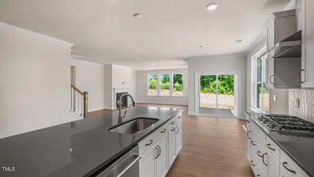 a kitchen with granite countertop a sink stove and refrigerator