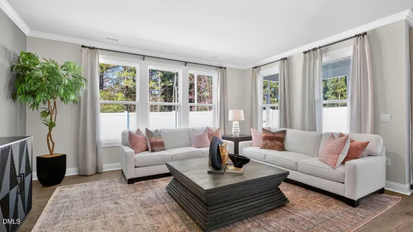 a living room with furniture potted plant and a large window