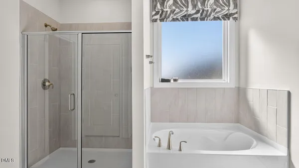 a bathroom with a bathtub and shower