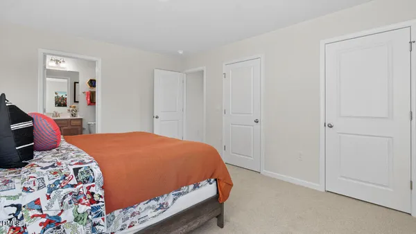 a bedroom with a bed and closet