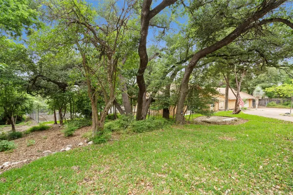 a view of a backyard with large trees