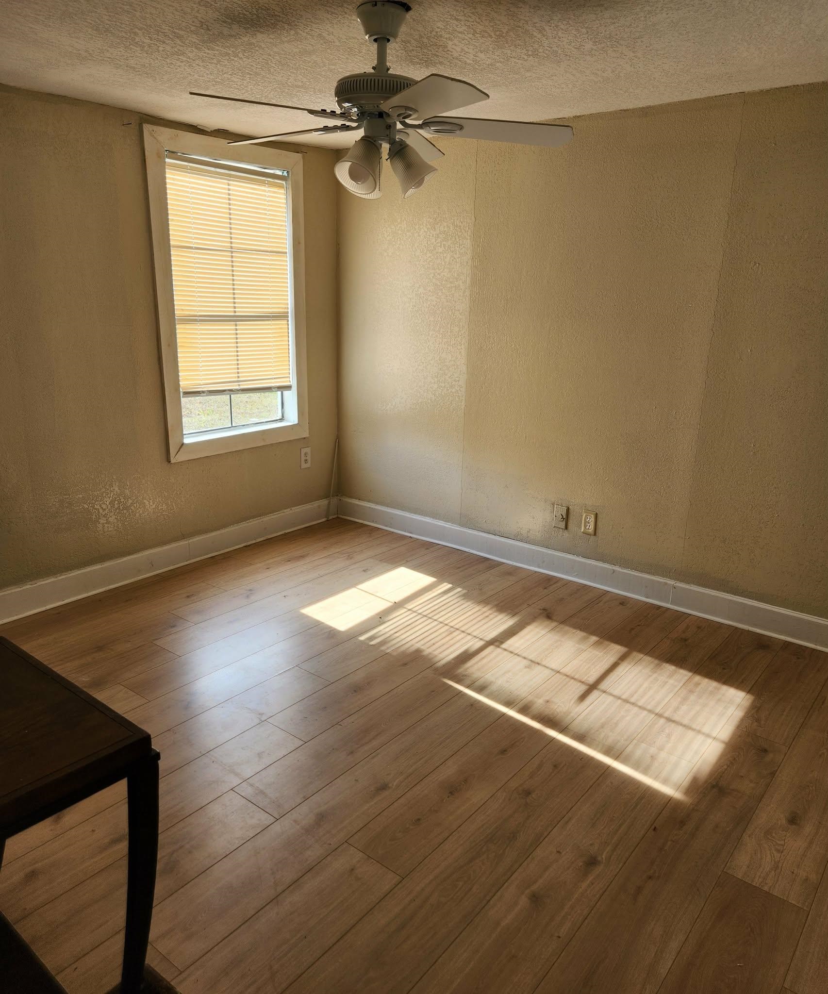 890 Poinsettia Road, Unit B St. Augustine, FL 32086 - Photo 9 of 14 Spare room with a textured wall, a ceiling fan, hardwood / wood-style floors, and a textured ceiling