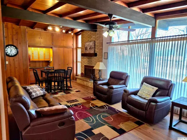 a outdoor living space with furniture and a table