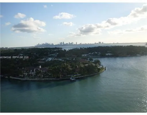 a view of a lake with houses in back