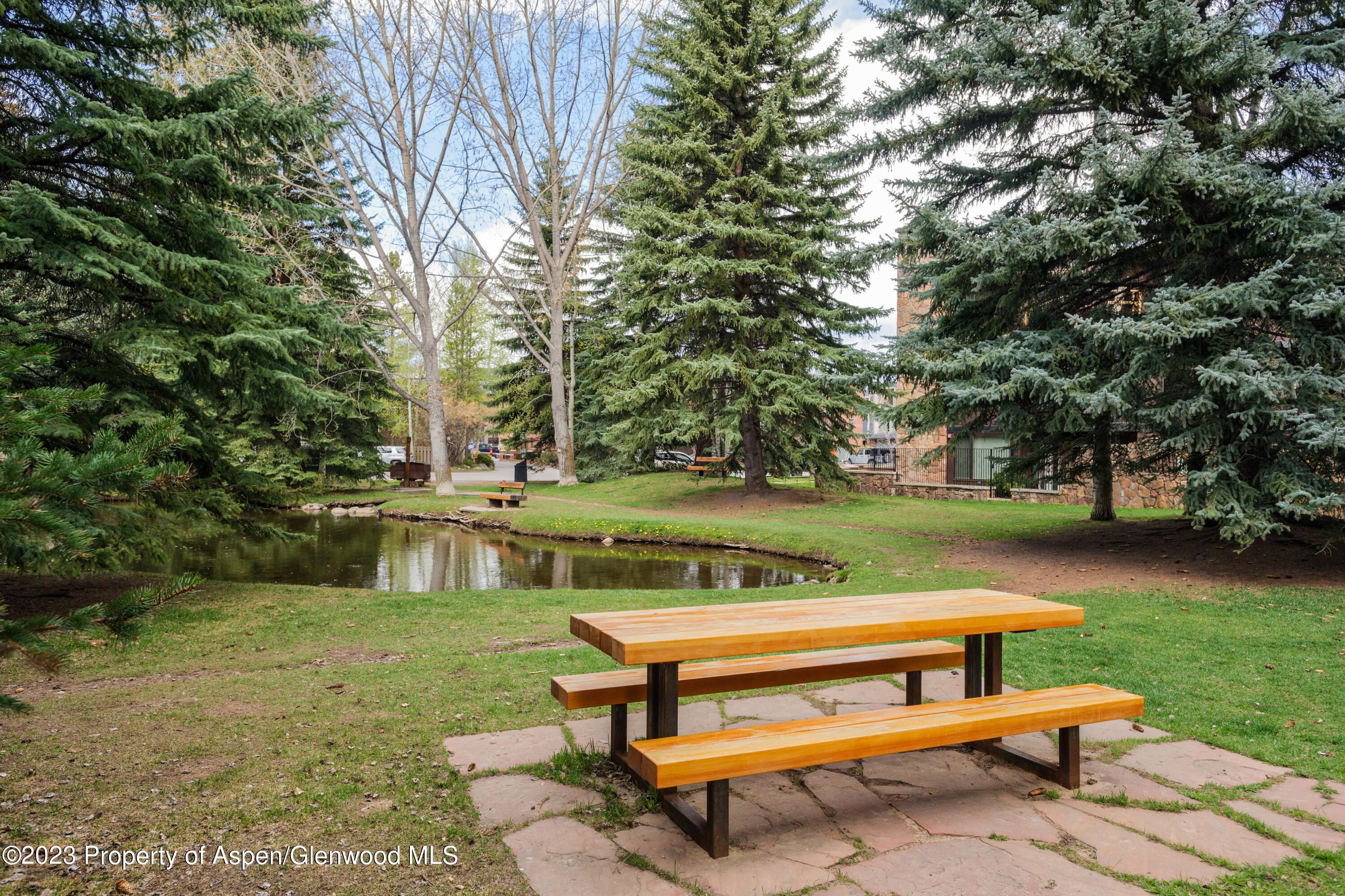 601 South W End Street, Unit 1 Aspen, CO 81611 - Photo 5 of 6 a view of a bench in the garden near a lake