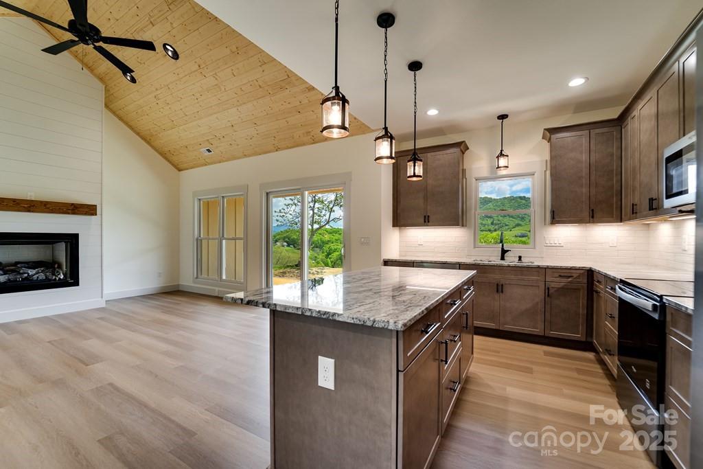 70 Knox Best Street Clyde, NC 28721 - Photo 10 of 33 a kitchen with stainless steel appliances granite countertop a sink a stove and a wooden floors