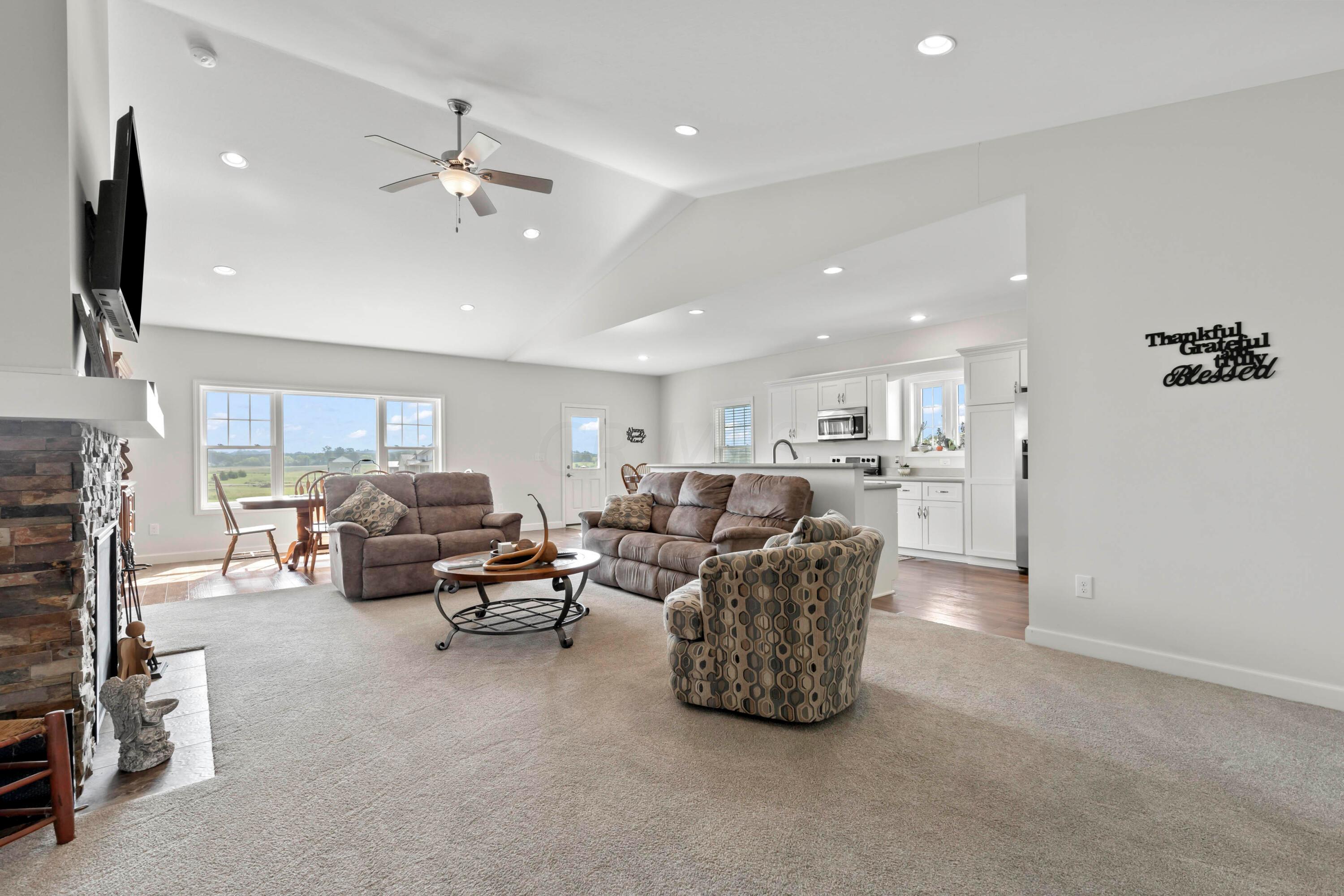 3644 Panhandle Road Delaware, OH 43015 - Photo 14 of 46 • Light grey carpet
• Ivory painted walls
• Cathedral ceiling
• Lighted ceiling fan
• Can lighting
• Stone, gas log fireplace with
mantle