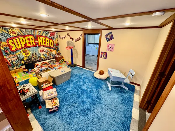 a storage room with gym equipment