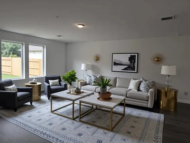 a living room with furniture and a potted plant