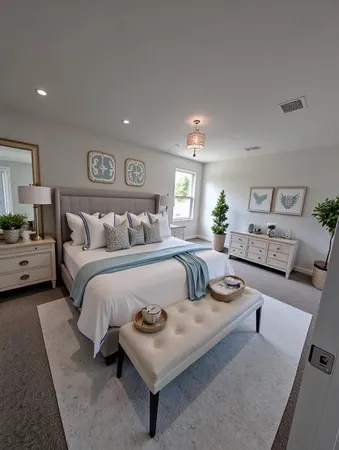 a bedroom with a bed a couch and potted plant on the dresser