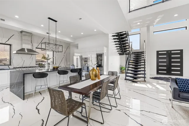 a view of a dining room with furniture