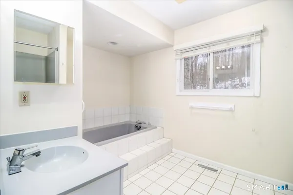 a bathroom with a tub sink and mirror