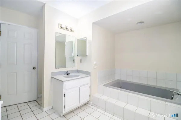 a bathroom with a bathtub a sink a mirror and shower