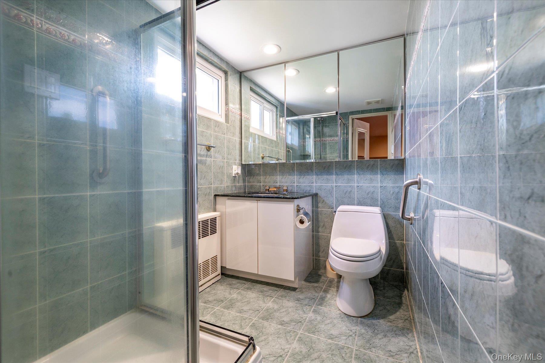 3284 Shore Road Oceanside, NY 11572 - Photo 15 of 27 a bathroom with a granite countertop toilet a sink a mirror and shower