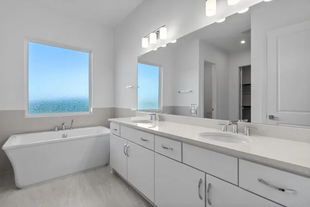 a bathroom with a double vanity sink mirror and bathtub