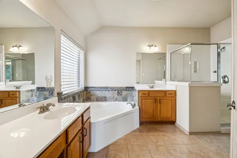 a bathroom with a tub sink and mirror