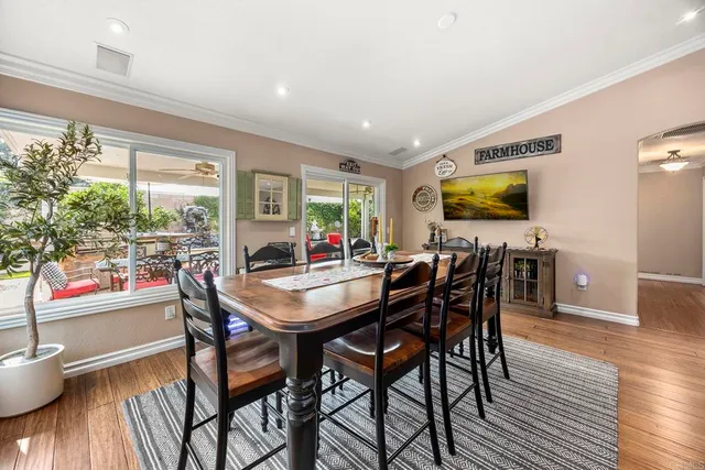 a view of a dining room with furniture window and wooden floor