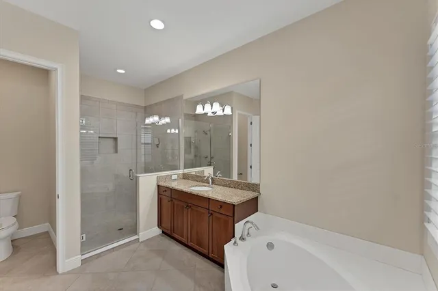 a view of a swimming pool with potted plants and palm trees