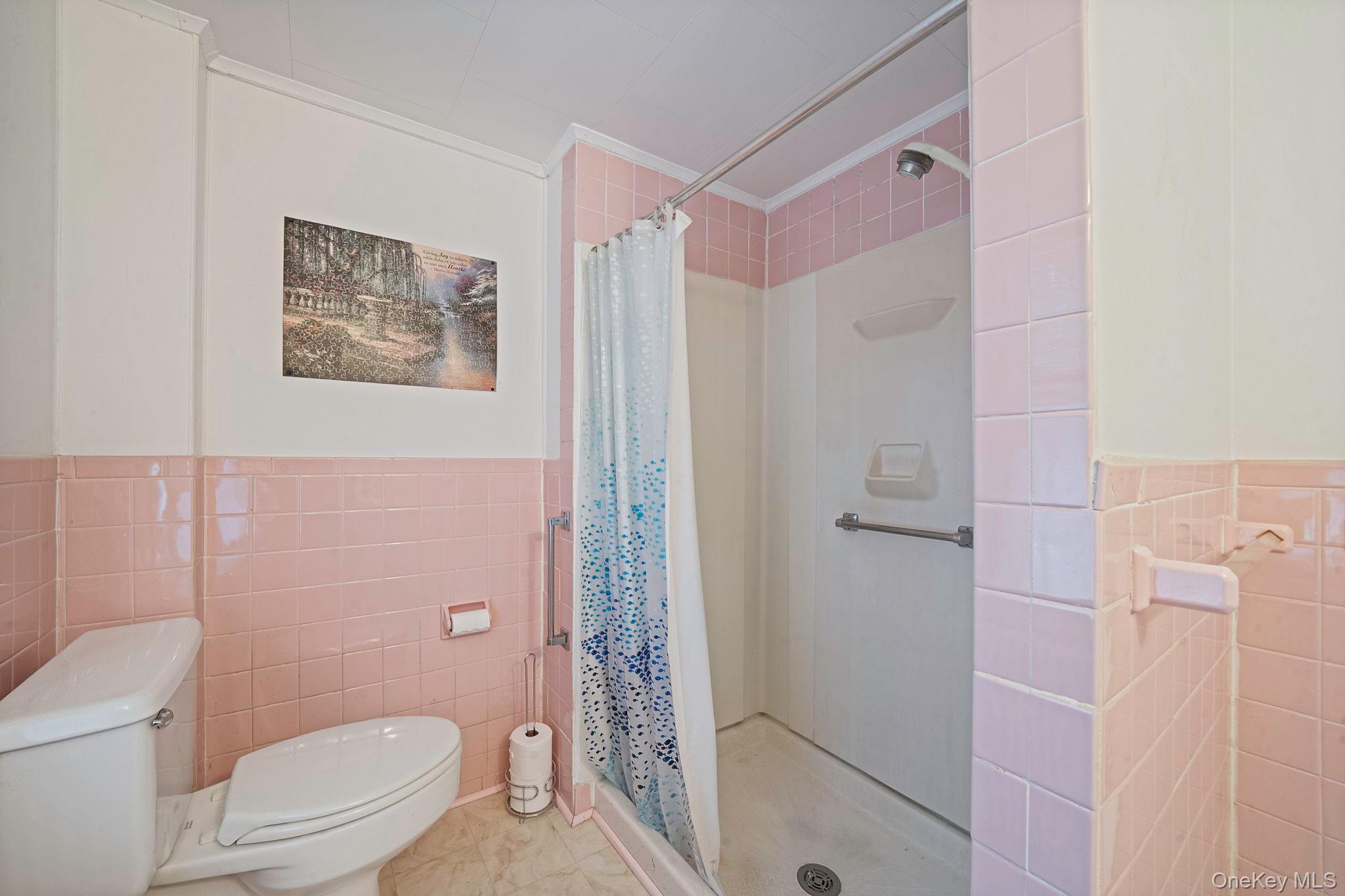 1055 Oregon Road Mattituck, NY 11952 - Photo 19 of 33 Bathroom featuring full pink wall tiling, a white toilet, and a stand-up shower with a grab bar