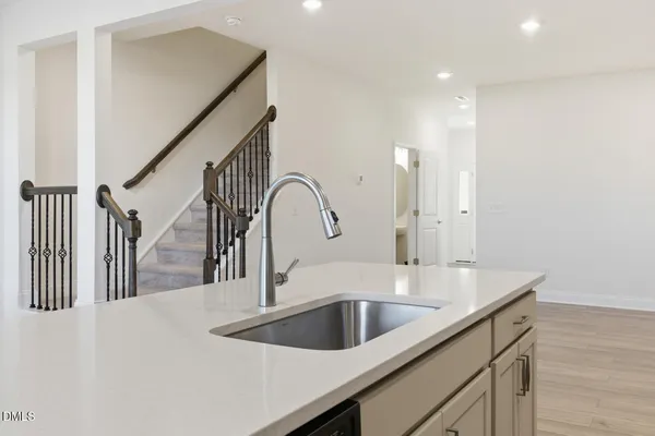 a kitchen with a sink and a potted plant