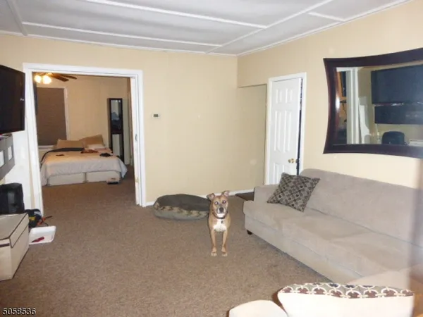 a living room with furniture and a mirror