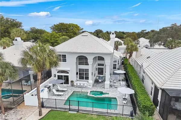 a aerial view of a house with patio
