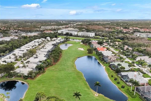an aerial view of city ocean and trees