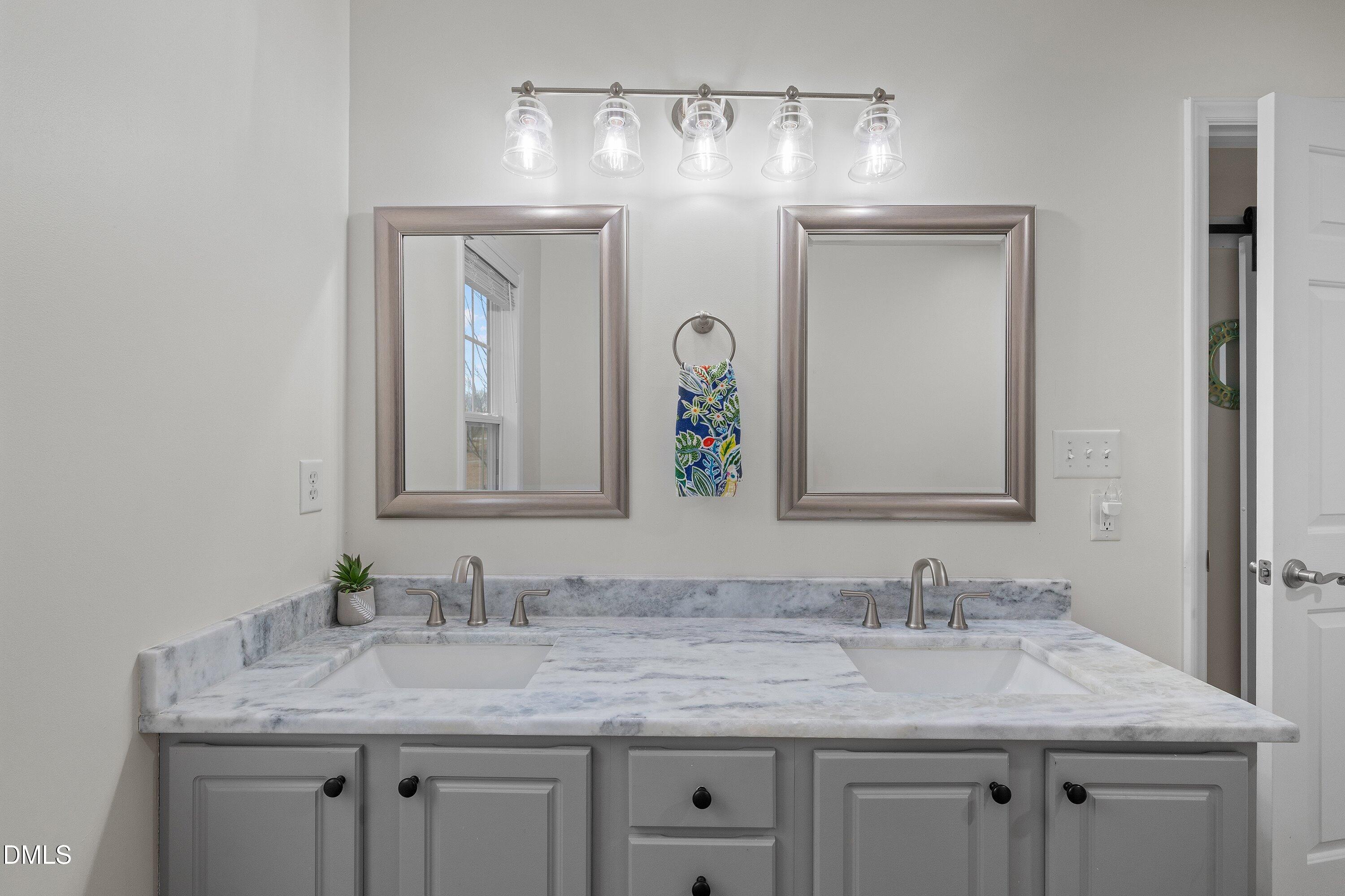 234 Linville Lane Willow Spring, NC 27592 - Photo 17 of 34 a bathroom with double sink and a mirror